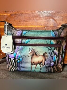 Anuschka Multicolor Horse-Print Leather Crossbody Bag